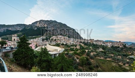 Evening Twilight Old Medieval Stilo Famos Calabria Village View, Southern Italy.