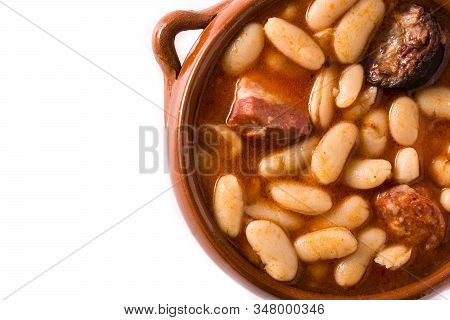 Typical Spanish Fabada Asturiana Isolated On White Background. Top View