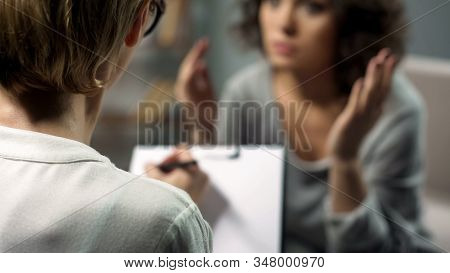 Addicted Lady Patient Discussing Her Problem With Psychologist, Family Problems