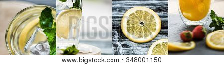 Collage Of Lemons, Strawberries And Fresh Mint Leaves Near Cocktails