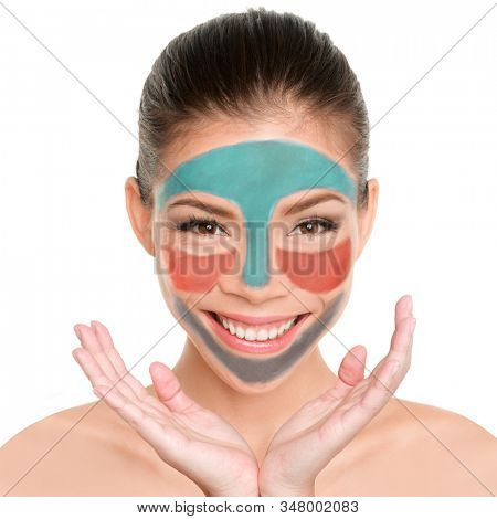 Mask multimasking face beauty asian woman having fun with new trend of using different masks for skin problems.