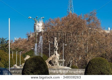 Madrid, Spain - January 22, 2018: Neptune Fountain And Thyssen Bornemisza Museum In City Of Madrid, 