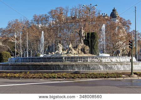 Madrid, Spain - January 22, 2018: Neptune Fountain And Thyssen Bornemisza Museum In City Of Madrid, 