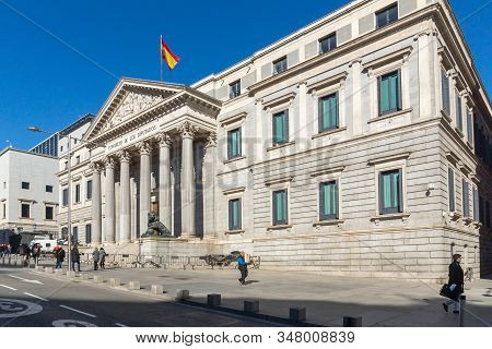 Madrid, Spain - January 22, 2018: Building Of Congress Of Deputies (congreso De Los Diputados) In Ci