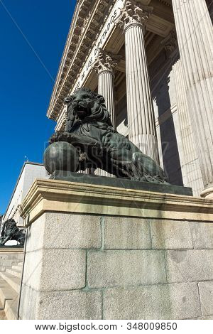 Madrid, Spain - January 22, 2018: Building Of Congress Of Deputies (congreso De Los Diputados) In Ci