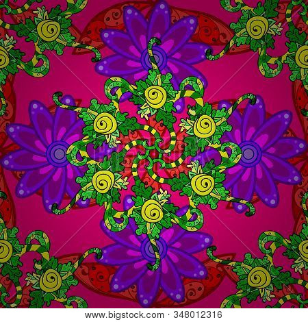 In Asian Textile Style On Magenta, Purple And Green Colors. Floral Seamless Pattern With Watercolor 