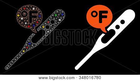 Glowing Mesh Fahrenheit Temperature Icon With Glow Effect. Abstract Illuminated Model Of Fahrenheit 