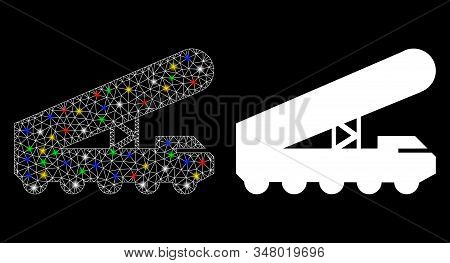 Glossy Mesh Nuclear Rocket Launcher Icon With Glow Effect. Abstract Illuminated Model Of Nuclear Roc