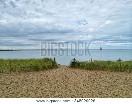 Beautiful Landscape Scenic View On Huron Lake In Sarnia City Town Canada. Serene Calm Water Scene. D