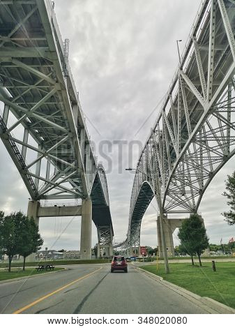 Sarnia, Ontario, Canada - September 1, 2019: Blue Water Bridge On Boarder Between Canada And Usa. Fa