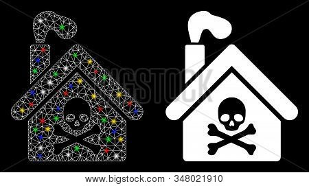 Flare Mesh Crematory Building Icon With Glare Effect. Abstract Illuminated Model Of Crematory Buildi