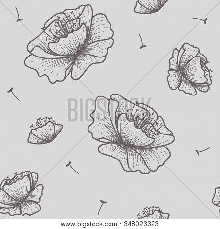 Outlined Flowers In Gray Seamless Repeat Pattern