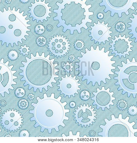 Vector Drawing Mechanical Cogwheel Seamless Pattern. Lined Blue Gear And Cog Site Background. Collec