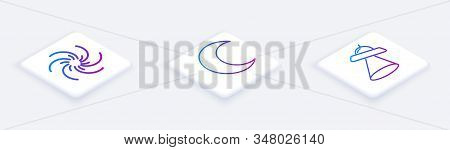 Set Isometric Line Black Hole, Moon And Stars And Ufo Flying Spaceship. White Square Button. Vector