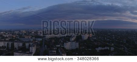 Aerial View Of Sunset In Zhytomyr City, Ukraine. Great Sunrise Scene. Fantastic Landscape.