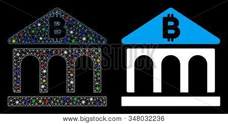 Bright Mesh Bitcoin Bank Building Icon With Glow Effect. Abstract Illuminated Model Of Bitcoin Bank 