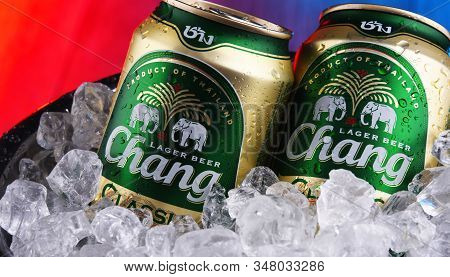 Two Cans Of Chang Beer In Bucket With Crushed Ice