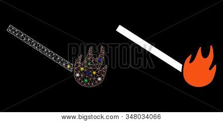 Flare Mesh Burned Match Icon With Lightspot Effect. Abstract Illuminated Model Of Burned Match. Shin