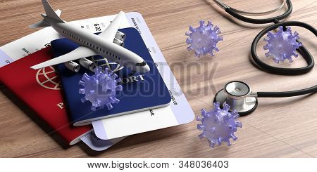 Flu Coronavirus And Doctor Stethoscope On Wood. 3D Illustration