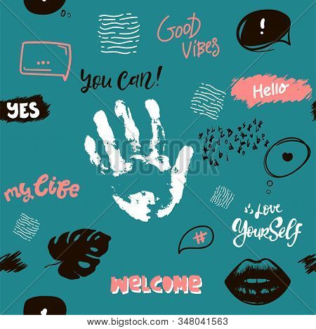Vector Seamless Pattern With Hand Drawn Palm, Lips, Leaves, Lettering: Love Yourself, You Can, Lips,