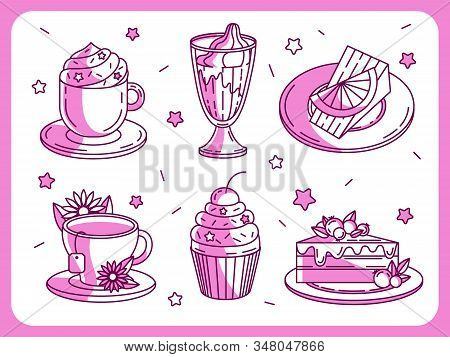 Set Of Vector Icons Of Sweet Desserts In Pink Colour. 
Cake, Cupcake, Ice Cream, Muffin,  Creamy Des