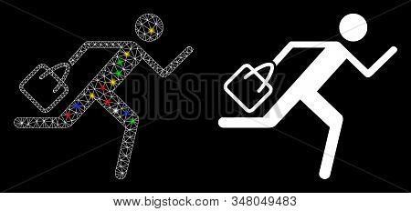 Glowing Mesh Shopping Running Man Icon With Glare Effect. Abstract Illuminated Model Of Shopping Run