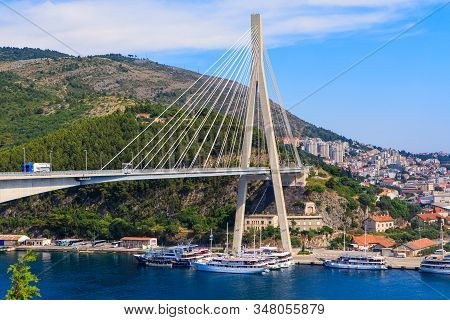 Dubrovnik, Croatia - July 8, 2019: The Franjo Tudjman Bridge And Blue Lagoon With Harbor Of Dubrovni