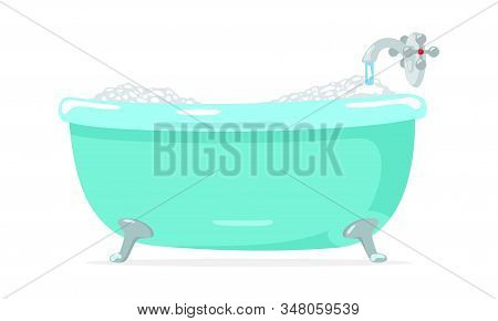Water Flowing From Tap, Faucet To Green Bath And Making Foam Bubbles. Hydrotherapy. Bathroom, Washro