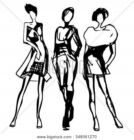 Women Silhouettes Drawn Black Line. Fashion Sketch. Vector. Hand Drawn Stylish Young Lady. Black Ink