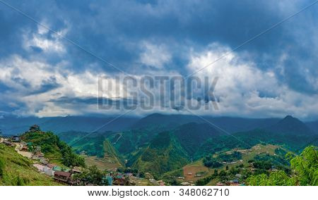 Big Panorama. Scenery Of Cat Cat Village, Popular Tourist Trekking Destination. Rice Field Terraces.