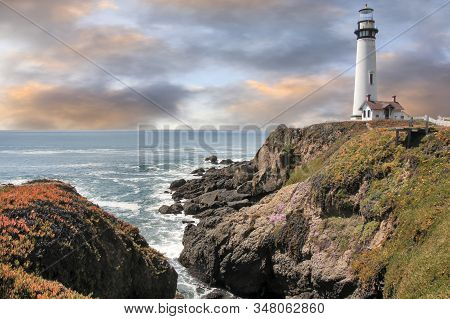 Dramatic Sunset Over Pigeon Point Light Station. Pescadero, San Mateo County, California, Usa.
