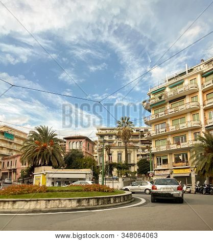 Sanremo, Italy - Nov 22, 2019: Rondo G. Garibaldi Roundabout With Multiple Shops, Chinese Restaurant