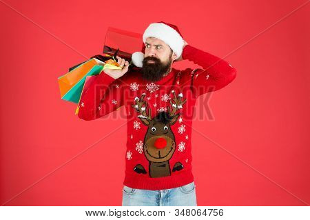 Heavy Bags. Pazzled Bearded Man New Year Present. Gift Packages From Santa. Xmas Winter Style. Onlin