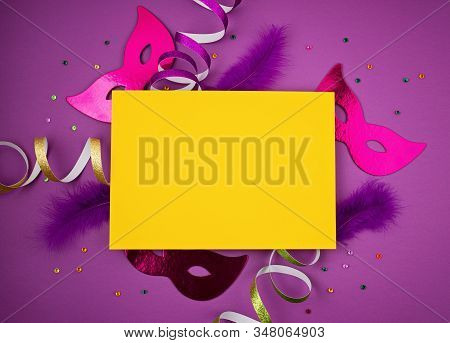 Festive, Colorful Mardi Gras Or Carnivale Mask And Accessories Over Purple Background. Party Invitat