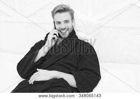 Mobile Call. Communication Mobile Phone. Good News Concept. Good Morning. Hipster Guy Pajamas Bathro