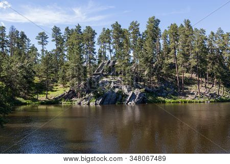A Unique Rock Formation On The Shore Of Stockade Lake With Tall Pine Trees Growing Around It.