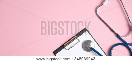 Medical Banner Design Template For Medical Center, Hospital, Clinic. Stethoscope And Medical Clipboa
