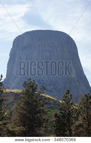 Devils Tower National Monument Seen Through Smoke And Haze From The Entrance Road.
