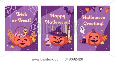 Set Of Three Cards With Evil Jack Pumpkins For Happy Halloween