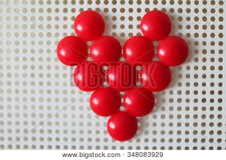 Red Heart On Pegboard Mushroom Nail Mosaic. Educational Toy Diy Puzzle. Valentines Day Or Family Lov