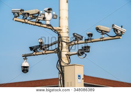 Cctv Cameras On Lantern Pole In The Capitol City Of China Bejing. Concept Of Security, Surveillance,