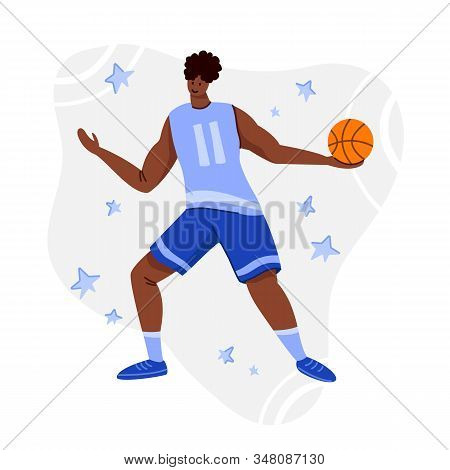 Basketball Player With Ball On Playground, African American Man Playing Match, Guy Jumping And Holds