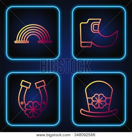 Set Line Leprechaun Hat And Four Leaf Clover, Horseshoe With Four Leaf Clover, Rainbow And Tradition