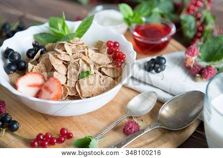 Cereal. Breakfast With Muesli And Berries. Top View, Flat Lay. Healthy Tasty Breakfast Multigrain Wh