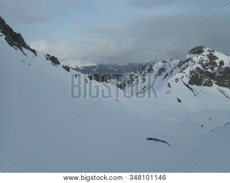 Winter Alpine Landscape For Skitouring In Stubaier Alps In Austria