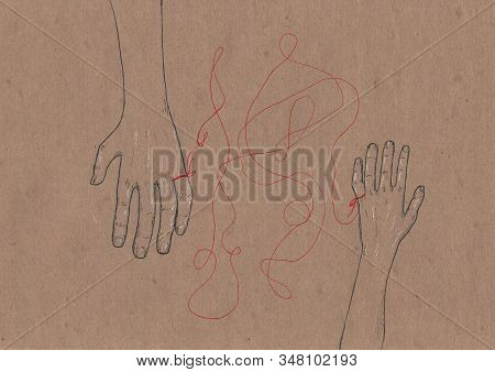 Esoteric And Magic Illustration Of A Human In Graphics. Hands Tied With Red Thread Of Fate. Figure B