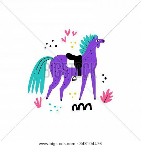 Horse With Saddle And Stirrup. Racehorse Purebred Stallion On Abstract Background. Equestrian Sport 