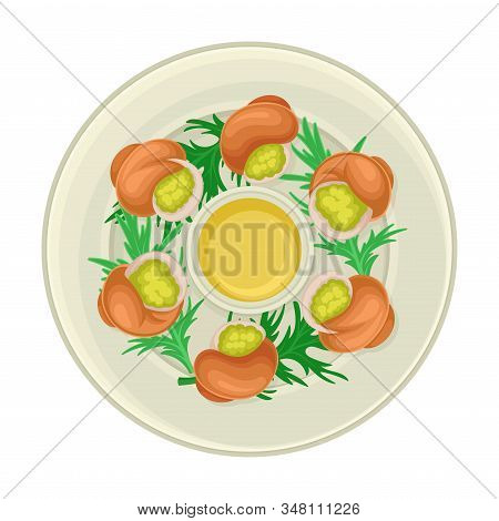 Escargot Dish With Greenery Served On Plate Top View Vector Illustration
