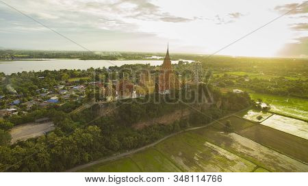 Aerial View Of Wat Tumseau Temple One Of Most Popular Traveling Destination In Kanchanaburi Thailand