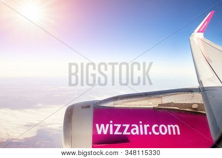 Vienna, Austria - January 03, 2020: Wizzair Lowcost Economy Flight Company Airbus Plane Flying Over 